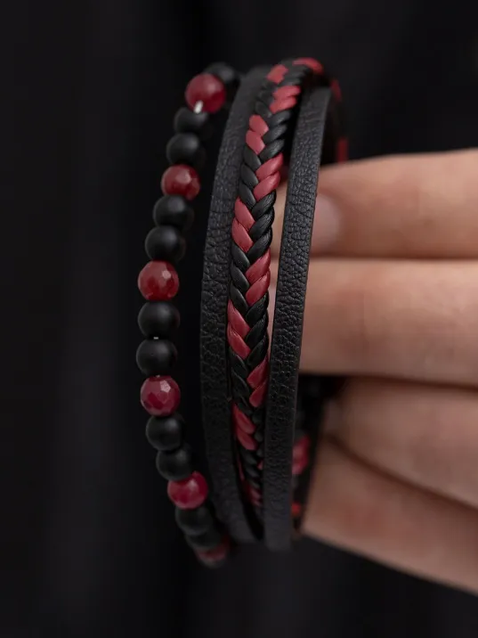 OSMANLI GÜMÜŞ Erkek Bileklik - Erkek Deri Bileklik - Erkek Boncuk Bileklik - Deri Ve Boncuk Kombin Bileklik-Kırmızı