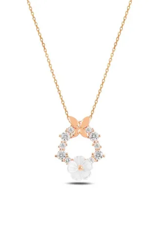Zirkon Taşlı Rose Manolya Çiçeği Model Kadın Gümüş Kolye GKLMNLYCCK1-ROS