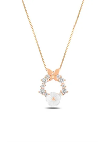 Zirkon Taşlı Rose Manolya Çiçeği Model Kadın Gümüş Kolye GKLMNLYCCK1-ROS