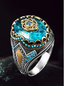 Erkek Gümüş Yüzük - Akuamarine Mavi Zirkon Taşlı 925 Ayar Erkek Yüzük
