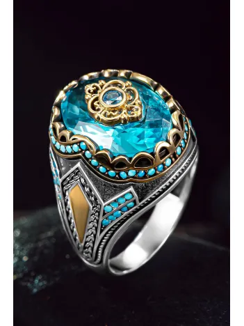 Erkek Gümüş Yüzük - Akuamarine Mavi Zirkon Taşlı 925 Ayar Erkek Yüzük