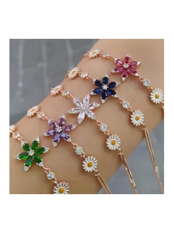 Rose Rengi Nergis Çiçeği Zirkon Taşlı Gümüş Bileklik