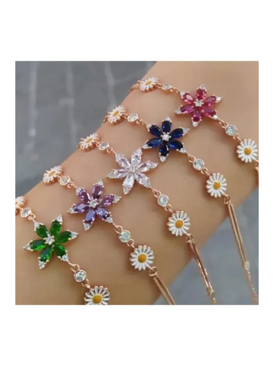 Rose Rengi Nergis Çiçeği Zirkon Taşlı Gümüş Bileklik