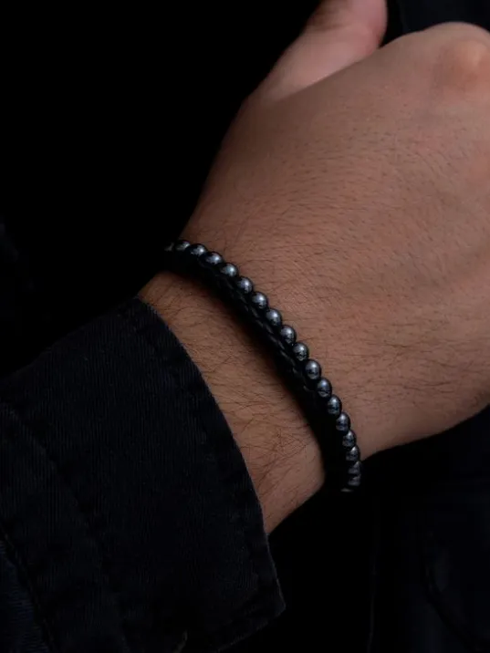 Doğal Taşlı Hematit Deri Bileklik