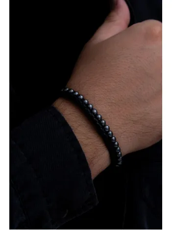 Doğal Taşlı Hematit Deri Bileklik