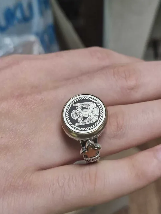 Erkek Gümüş Yüzük - 925 Ayar Gümüş Arnavut Bayrağı Simgesi Erkek Yüzük