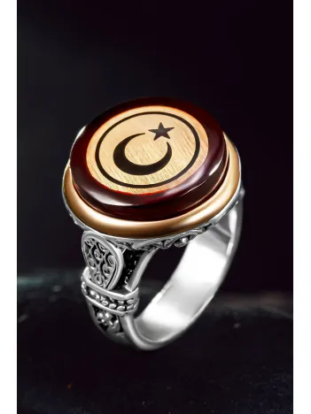 Erkek Gümüş Yüzük - Kırmızı Kehribar Taşı Ay Yıldız İşlemeli İnce Kibar Erkek Yüzük