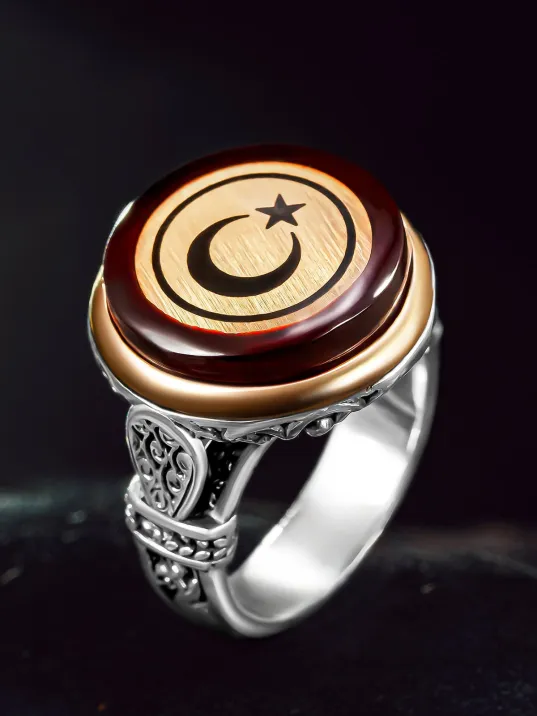 Erkek Gümüş Yüzük - Kırmızı Kehribar Taşı Ay Yıldız İşlemeli İnce Kibar Erkek Yüzük