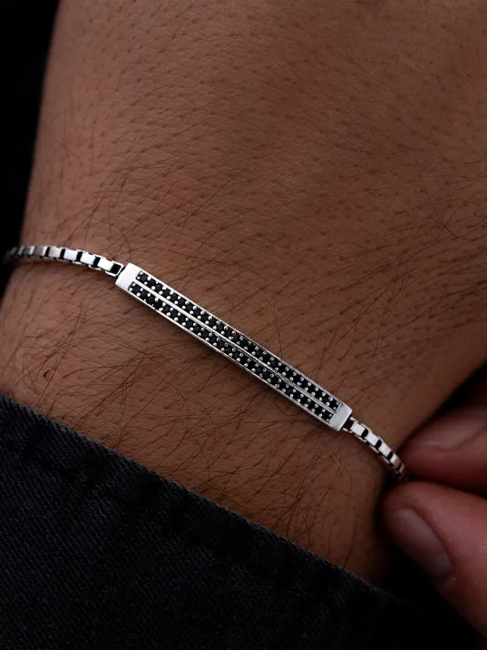 Erkek Gümüş Bileklik - Çift Zirkon Taşlı Küp Zincir Gümüş Bileklik