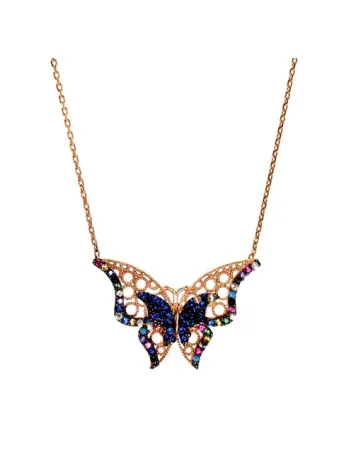 Renkli Zirkon Taşlı Kelebek Bayan Gümüş Kolye