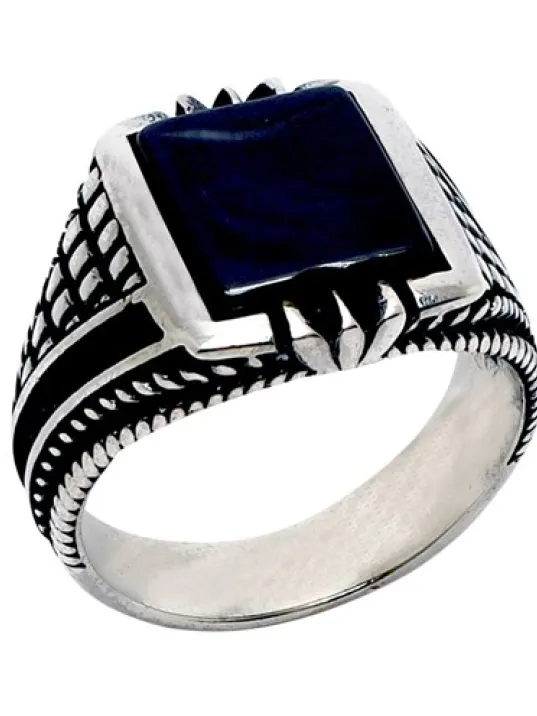 Mikro Bezemeli Oniks Taşlı Gümüş Erkek Yüzük