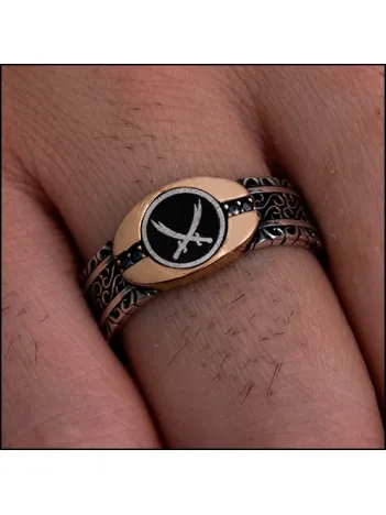 Erkek Gümüş Yüzük - Çift Kılıç Zülfikarlı İnce Kibar Gümüş Erkek Yüzüğü