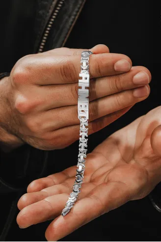 Erkek Gümüş Bileklik - 7mm Kesme Harf El İşçiliği İsim Yazılı Euro Zincir Gümüş Erkek Bileklik