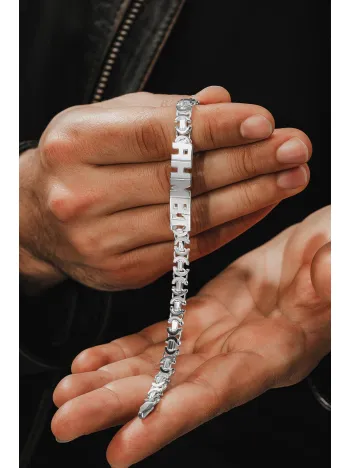 Erkek Gümüş Bileklik - 7mm Kesme Harf El İşçiliği İsim Yazılı Euro Zincir Gümüş Erkek Bileklik