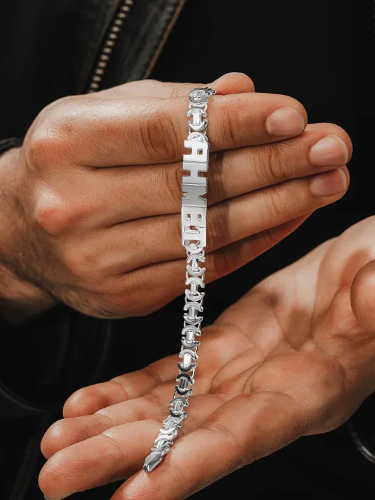 Erkek Gümüş Bileklik - 7mm Kesme Harf El İşçiliği İsim Yazılı Euro Zincir Gümüş Erkek Bileklik