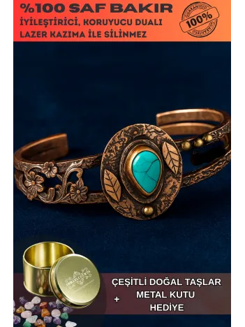Kadın Bakır Bileklik - Turkuaz Firuze Taşlı Damla Model Kadın Bilezik Metal Kutu ve Doğal Taşlar