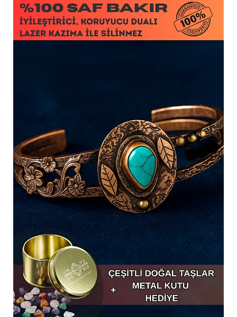 Kadın Bakır Bileklik - Turkuaz Firuze Taşlı Damla Model Kadın Bilezik Metal Kutu ve Doğal Taşlar