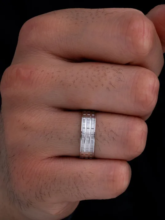 Erkek Gümüş Yüzük - 925 Ayar Üç Sıra Kare Model Gümüş Alyans Yüzük