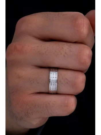 Erkek Gümüş Yüzük - 925 Ayar Üç Sıra Kare Model Gümüş Alyans Yüzük