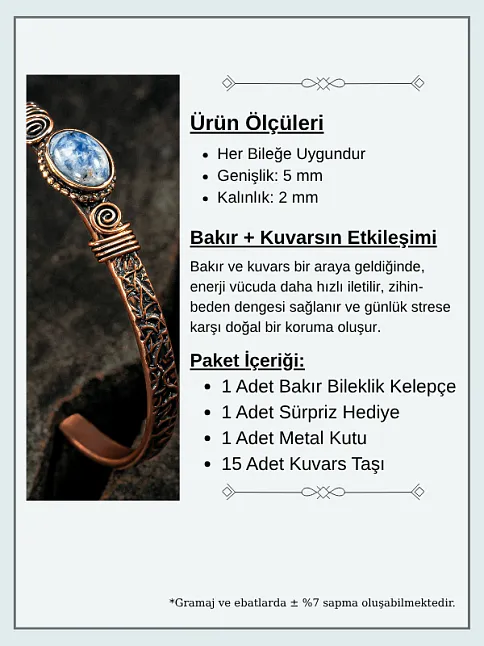 Bakır Kelepçe Bilezik Lapis Doğal Taş Erkek Kadın Doğal Taşlı ve Metal Kutulu