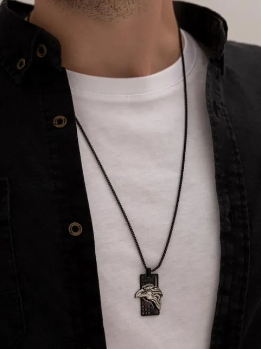 Erkek Çelik Kolye - Kartal Kafası Motifli Çelik Kolye