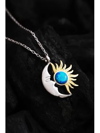 Kadın Gümüş Kolye - Sevgililer Günü - Hediye - Ay Güneş Motifli Kadın Kolye