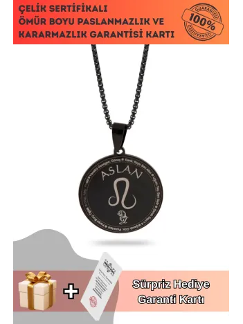 Aslan Burcu Kolyesi Bayan Erkek Çelik Kolye Siyah Polo Zincir CKLASLANBU2-SYH