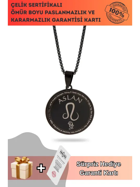 Aslan Burcu Kolyesi Bayan Erkek Çelik Kolye Siyah Polo Zincir CKLASLANBU2-SYH