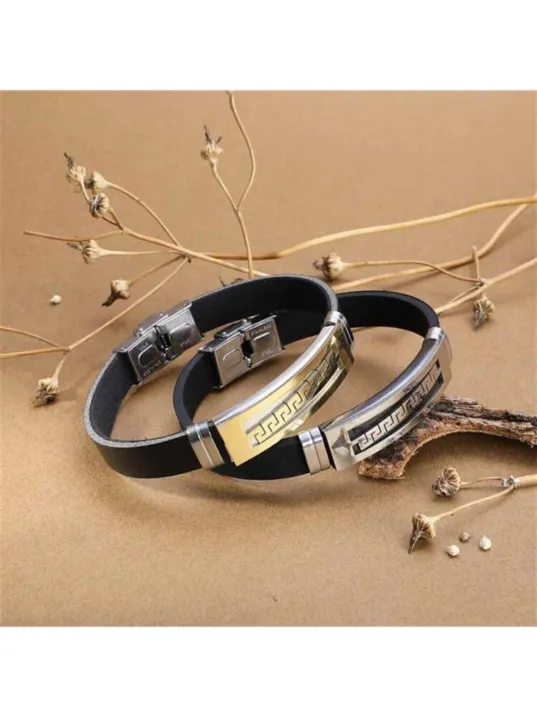 Grek Desenli Deri Kauçuk Çelik Erkek Bileklik