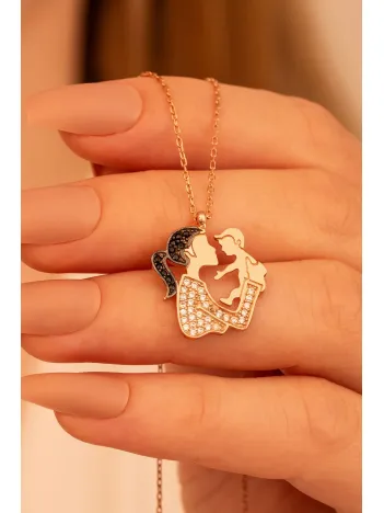 Anne Bebek Rose Renk Bayan Gümüş Kolye