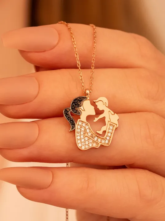 Anne Bebek Rose Renk Bayan Gümüş Kolye