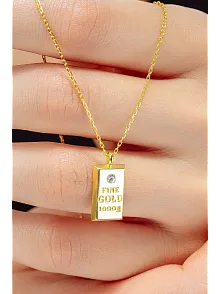 Kadın Gümüş Kolye - 18 Ayar Zirkon Taşlı Altın Gold Kaplama Külçe Model Gümüş Kadın Kolye
