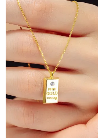 Kadın Gümüş Kolye - 18 Ayar Zirkon Taşlı Altın Gold Kaplama Külçe Model Gümüş Kadın Kolye