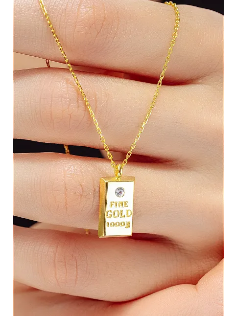 Kadın Gümüş Kolye - 18 Ayar Zirkon Taşlı Altın Gold Kaplama Külçe Model Gümüş Kadın Kolye