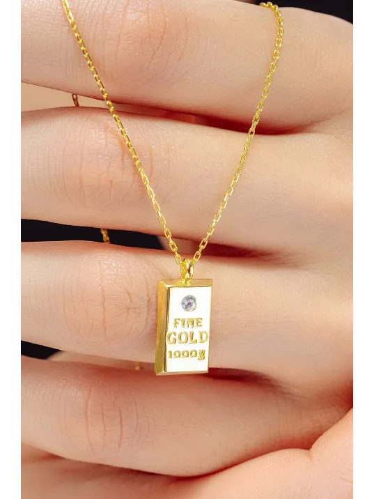 Kadın Gümüş Kolye - 18 Ayar Zirkon Taşlı Altın Gold Kaplama Külçe Model Gümüş Kadın Kolye