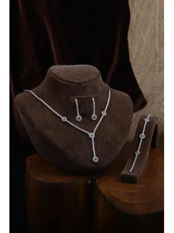 Ahenk Bayan Zümrüt Taşlı Gümüş Su Yolu Set - Kolye, Bileklik, Küpe, Yüzük