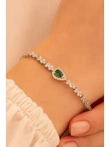 Kadın Gümüş Bileklik - Peri Zümrüt Taşlı Damla Model Kadın Bileklik