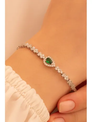 Kadın Gümüş Bileklik - Peri Zümrüt Taşlı Damla Model Kadın Bileklik