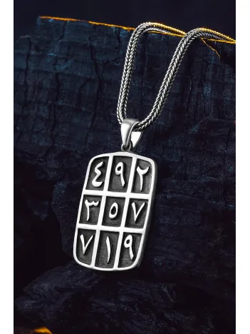 925 Ayar Gümüş Ebced Karartmalı Kolye İslami Motifli Erkek Gümüş Kolye