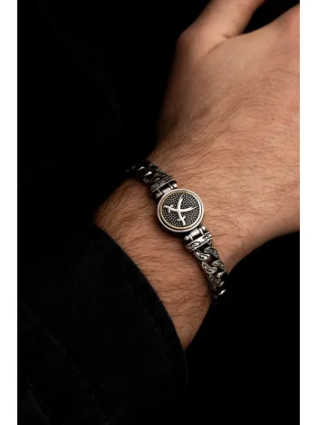 Erkek Gümüş Bileklik - Ortası Dönen Çift Zülfikar Kılıç Model Gurmet Zincir Gümüş Bileklik Künye