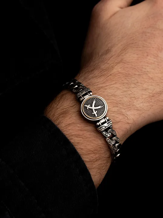 Erkek Gümüş Bileklik - Ortası Dönen Çift Zülfikar Kılıç Model Gurmet Zincir Gümüş Bileklik Künye