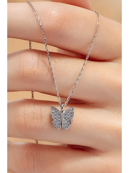 Kadın Gümüş Kolye - Swarovski Taşlı Zirconia Çok Taşlı Kelebek Motifli Kadın Kolye