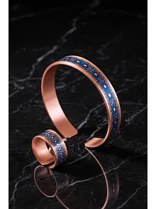 Kadın Bakır Bileklik Yüzük Set - Lola Model Özel Baskı Metal Kutu Ve Kuvars Taşı
