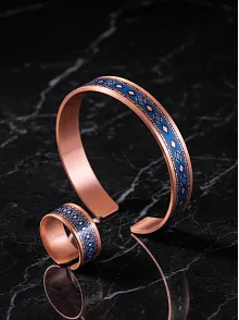 Kadın Bakır Bileklik Yüzük Set - Lola Model Özel Baskı Metal Kutu Ve Kuvars Taşı