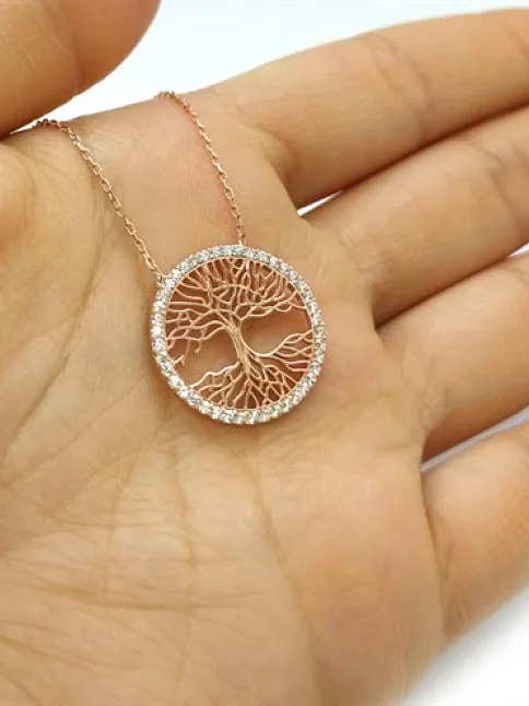 Taşlı Hayat Ağacı Rose Kaplama Kadın Gümüş Kolye Zincir Gklhaytagac