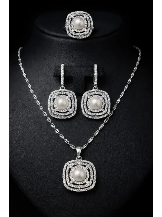 Kadın Gümüş Kolye Yüzük Küpe Set - Kare Model İnci Detaylı Kadın Gümüş Set