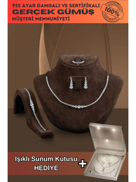 Parla Bayan Zirkon Taşlı Gümüş Su Yolu Set - Kolye, Bileklik, Küpe, Yüzük