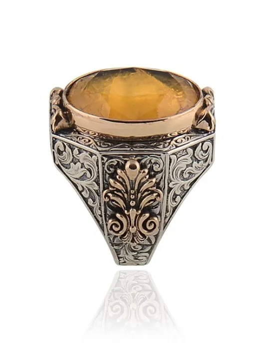 Sarı Parabia Taşlı 925 Ayar Erkek Gümüş Yüzük GYZSARIPARA-GMS