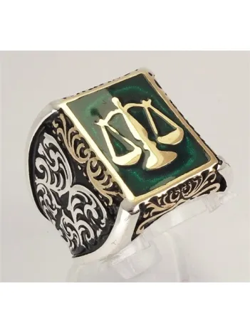Adalet Terazisi Yeşil Mineli Erkek Gümüş Yüzük
