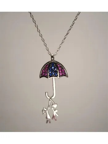 Şemsiyeli Kız Ve Erkek Çocuklar Gümüş Bayan Kolye